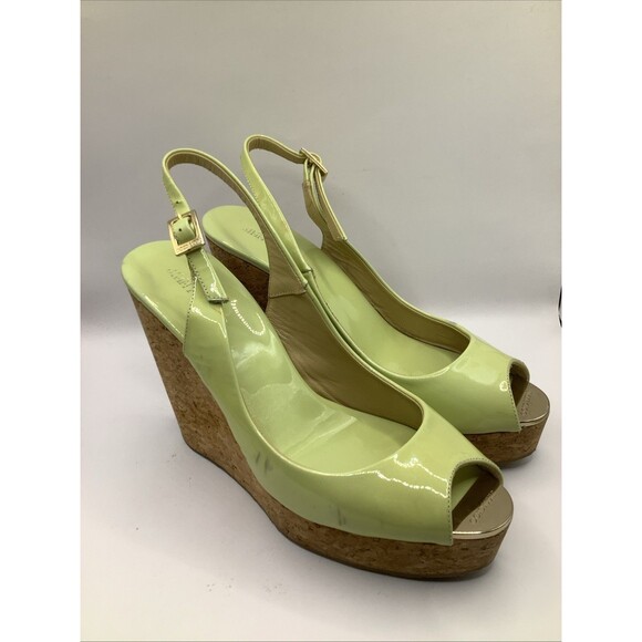 Jimmy Choo Lime Patent Cork Wedge Slingback Peep Toe US 8½ EU 39½ Pre-Owned - Picture 2 of 8